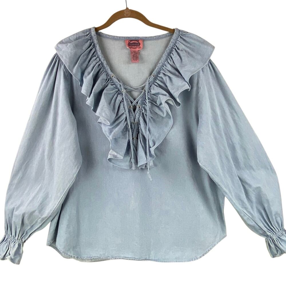 Vintage Chambray Poet Artist Blouse Size L Blue Southwest Western Country Drama - Picture 7 of 7